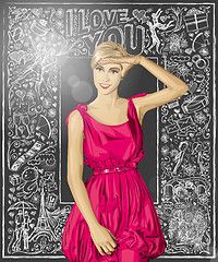 Image showing Vector Surprised Blonde in Pink Dress Against Love Background
