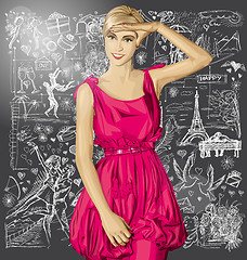 Image showing Vector Surprised Blonde in Pink Dress Against Love Background