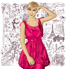 Image showing Vector Surprised Blonde in Pink Dress Against Love Background