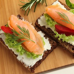 Image showing Fresh salmon sandwiches