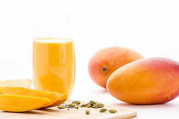 Image showing Mangos, Cardamon And Mango Yoghurt Drink On White