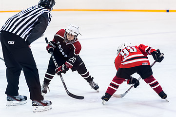 Image showing Puck playing between players of ice-hockey teams