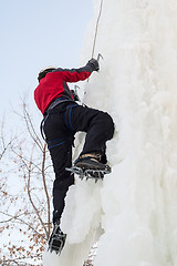 Image showing Man climbs upward on ice climbing competition