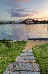 Image showing Sunrise behind Sydney Harbour Bridge from Balmain