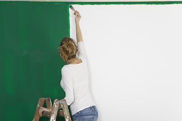 Image showing Woman with brush in front of a green wall