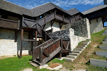 Image showing Covered wooden staircase and gallery in Celje medieval castle in Slovenia