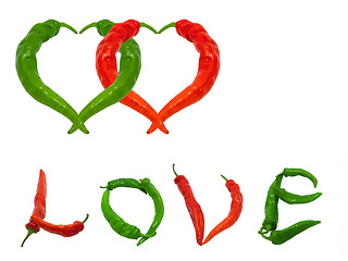 Image showing Two hearts and word Love composed of green and red chili peppers