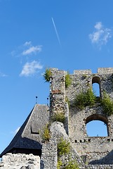 Image showing Contrail of the jet plane above ruin of Celje medieval castle in Slovenia