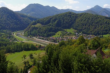 Image showing View of Savinja river and  La?ko valley from medieval Celje castle in Slovenia