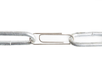 Image showing Paper clip holds two parts of a chain together