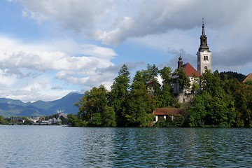 Image showing Catholic church situated on an island on Bled lake, Slovenia