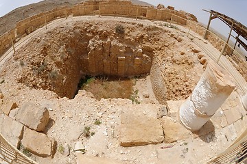 Image showing Fisheye view of ancient excavations in desert town Mamshit in Israel