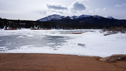 Image showing Snow lake under the mountain in the winter
