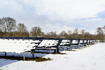 Image showing Solar panel field with snow