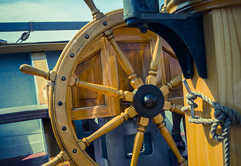 Image showing Steering wheel of the ship. A workplace of the captain. Cross pr