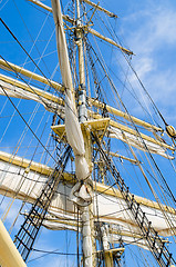 Image showing Sails and tackles of a sailing vessel on a background of the sky