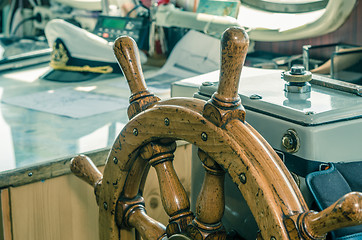 Image showing Steering wheel of the ship. A workplace of the captain. Cross pr