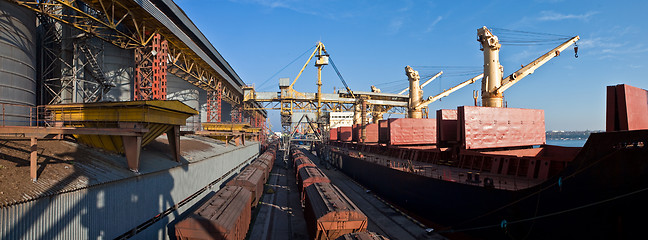 Image showing Grain from silos being loaded onto cargo ship on conveyor belt