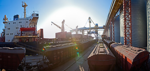 Image showing Grain from silos being loaded onto cargo ship on conveyor belt