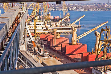 Image showing Grain from silos being loaded onto cargo ship on conveyor belt