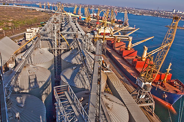 Image showing Grain from silos being loaded onto cargo ship on conveyor belt