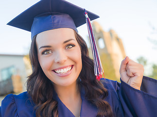 Image showing Happy Graduating Mixed Race Woman In Cap and Gown