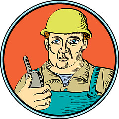 Image showing Builder Carpenter Holding Radio Phone Circle Retro