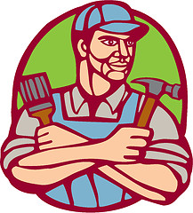 Image showing Builder Carpenter Paintbrush Hammer Linocut