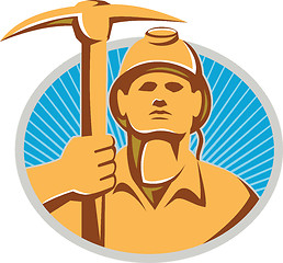 Image showing Coal Miner With Pick Ax Hardhat Front Retro