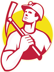 Image showing Coal Miner With Pick Axe Looking Up Retro