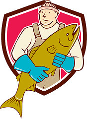 Image showing Fishmonger Holding Salmon Fish Shield Cartoon