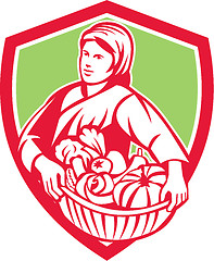 Image showing Female Organic Farmer Basket Harvest Shield Retro