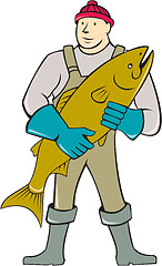 Image showing Fishmonger Standing Salmon Fish Cartoon