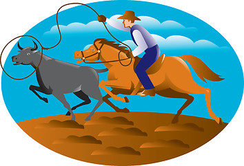 Image showing Cowboy Riding Horse Lasso Bull Cow