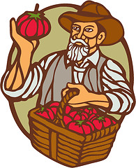 Image showing Organic Farmer Tomato Basket Woodcut Linocut