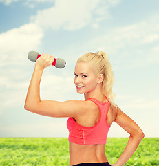 Image showing young sporty woman with light dumbbell