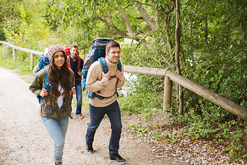 Image showing group of smiling friends with backpacks hiking