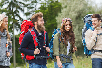 Image showing group of smiling friends with backpacks hiking