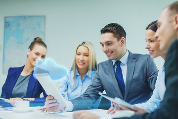 Image showing business team with tablet pc having discussion