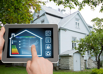 Image showing close up of man hands touching tablet pc screen