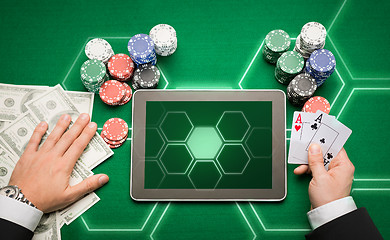 Image showing casino poker player with cards, tablet and chips