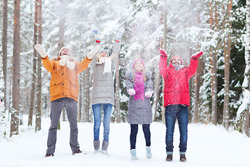 Image showing group of happy friends playin with snow in forest