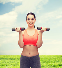 Image showing young sporty woman with light dumbbells