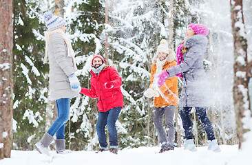 Image showing group of happy friends playing snowballs in forest