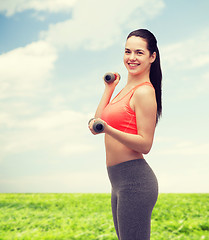 Image showing young sporty woman with light dumbbells