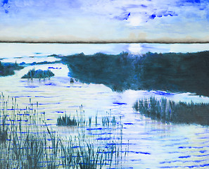 Image showing Original oil painting showing beautiful lake