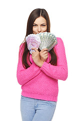 Image showing Casual woman with us dollars and euro cash