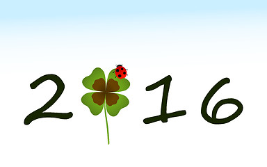 Image showing 2016 greeting card with shamrock leaf and ladybird