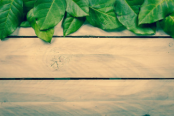 Image showing Leaves on wooden background