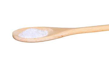 Image showing Sea salt on a light colored wooden spoon